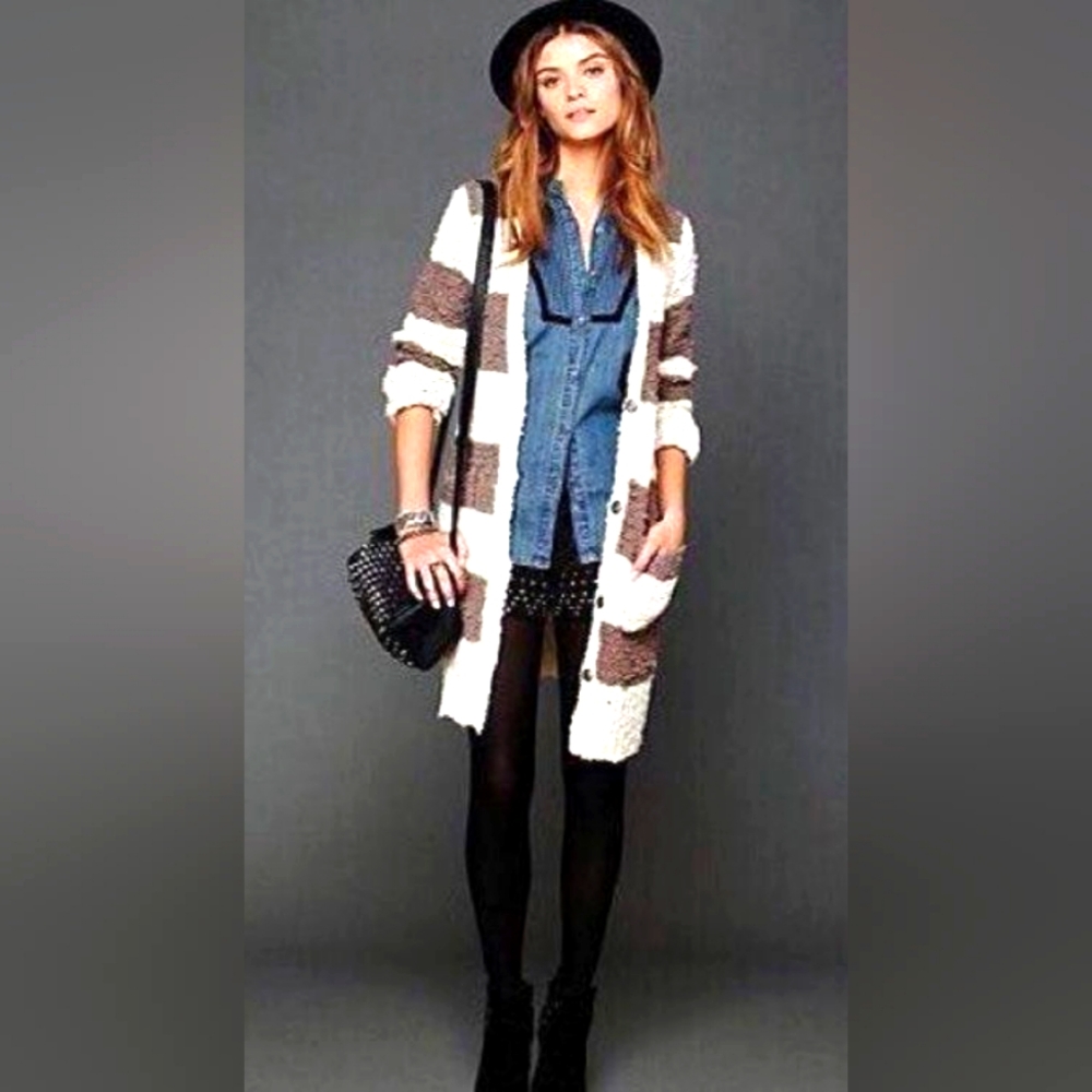 FREE PEOPLE Rugby Stripe Boucle Duster Cardigan size Small *needs knitting work